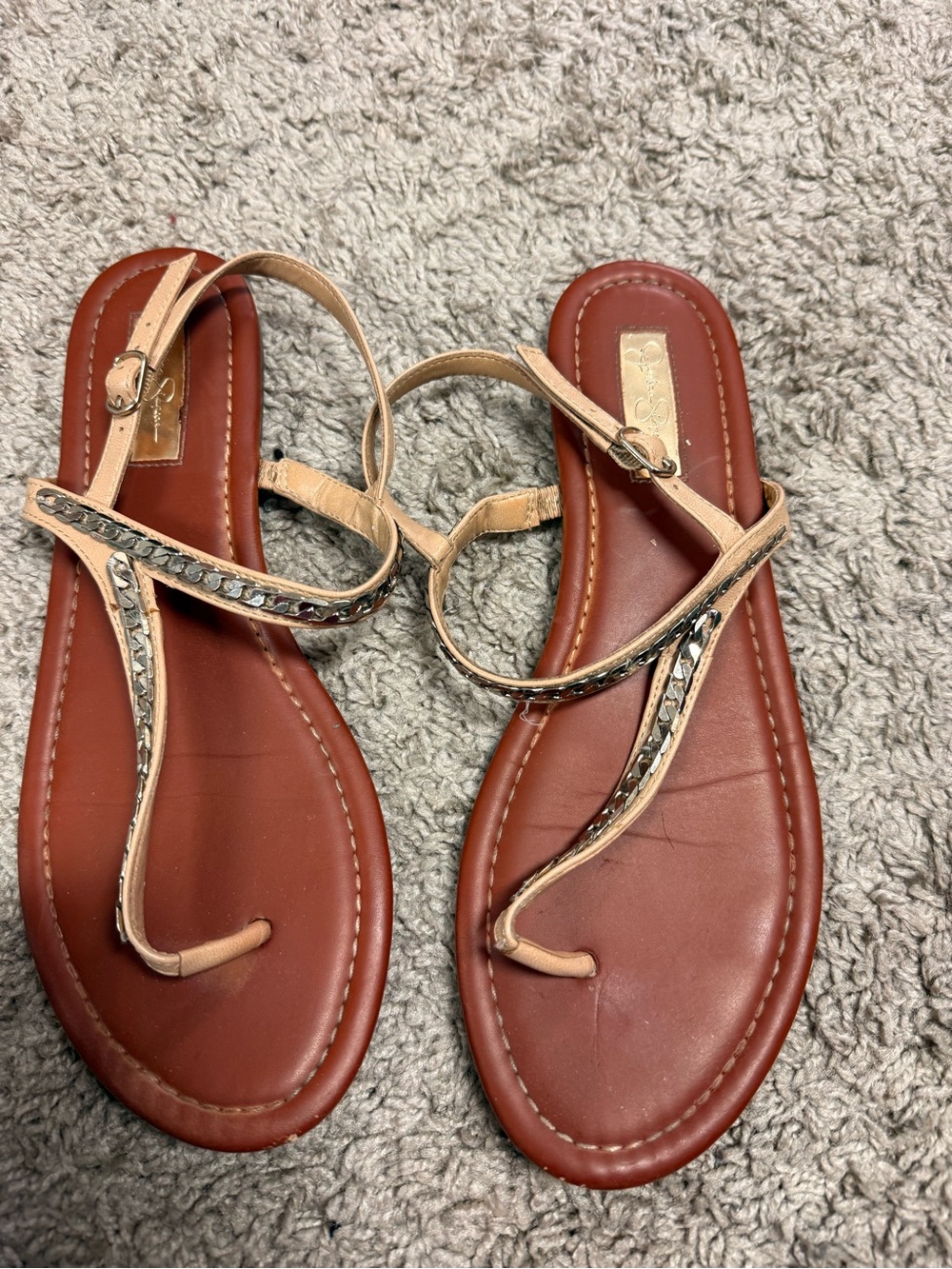 Jessica Simpson Tan T-Strap Rhinestone Sandals